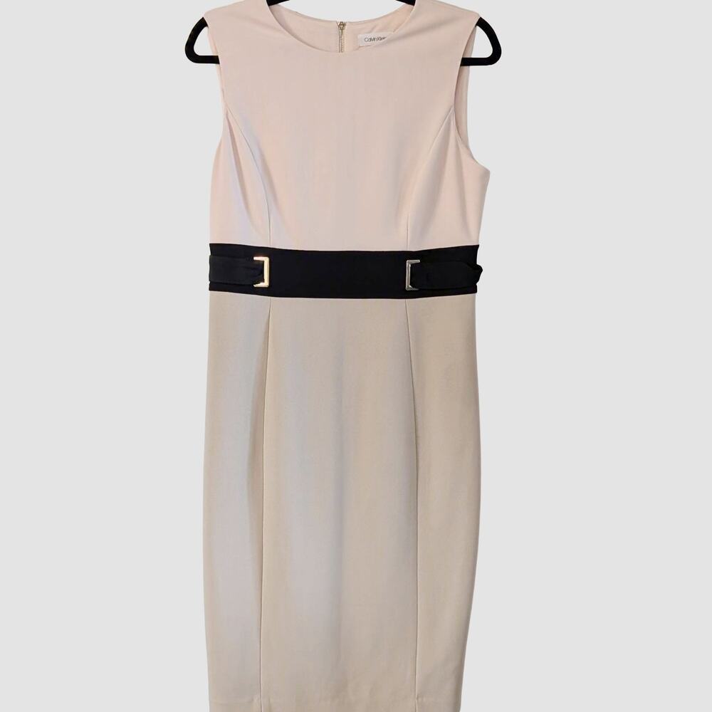 Calvin Klein Colorblock Sheath Dress 10 Blush Beige Black Buckle Career